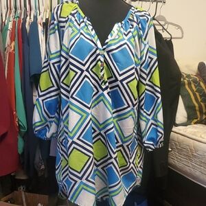 Mud Pie Blue and Green Geometric Blouse